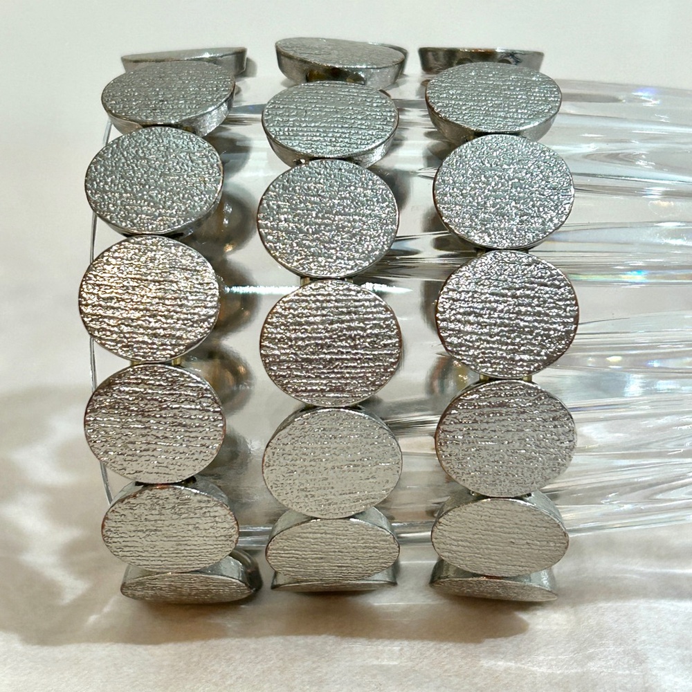 Silver Tone Chrome 3 Piece Disc Bracelet Stretch Wide Textured Circle Discs